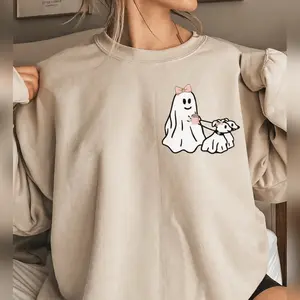 Halloween Pink Ghost Sweatshirt Ghost Walking Dog Sweatshirt Womens Halloween Sweater Viral Walking Dog Shirt Hoodied Everyday Cotton Sweaters