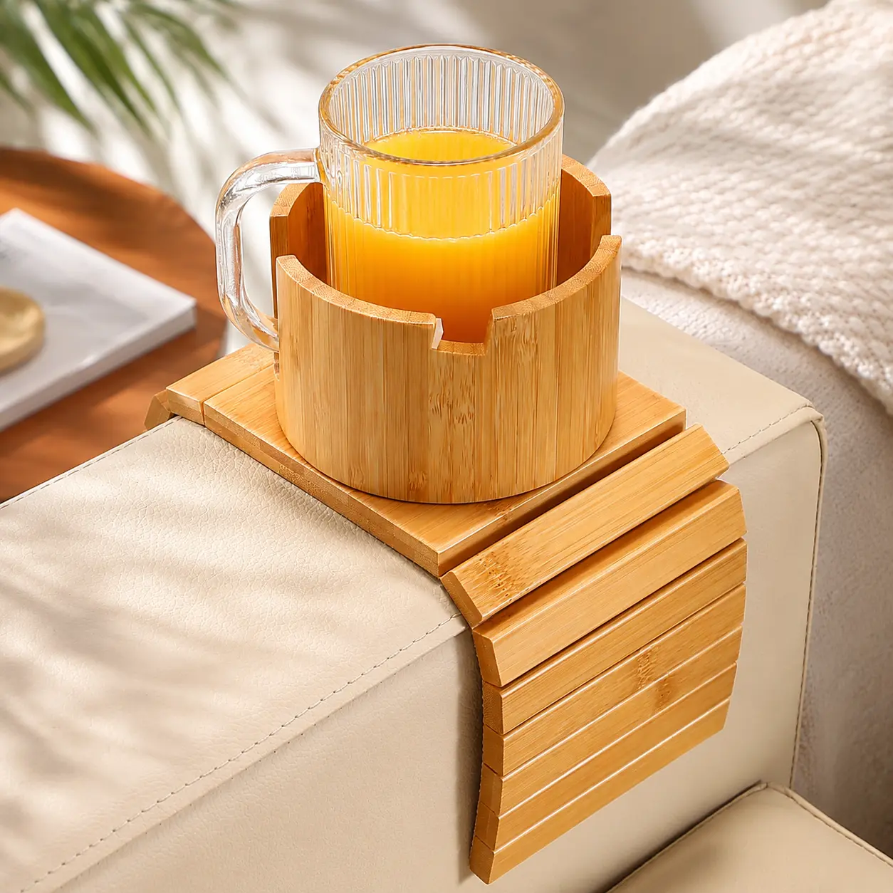 Eco-Friendly Bamboo Sofa Armrest Tray - 360° Rotates Phone Stand, Foldable Exceptional Grip Removable Waterproof Square Tray, Soft Wide Arm Fit, Sofa Table for Christmas, Housewarming, Retro Living Room Console Table