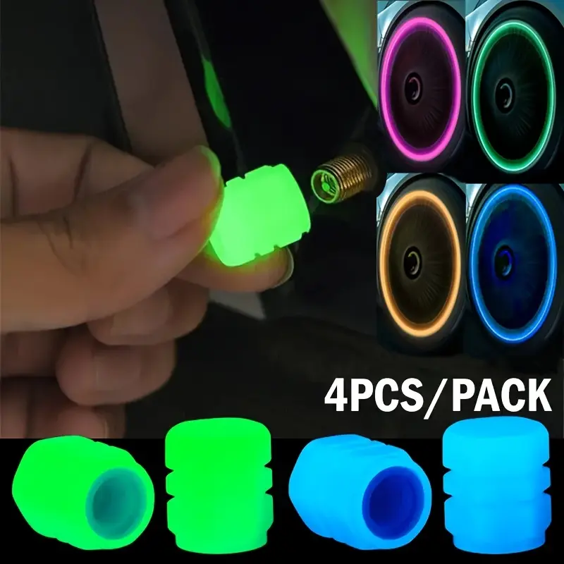 4PCS Luminous Valve Caps, Fluorescent Night Car Tire Valve Caps, Motorcycle Bike Glowing Decor Wheel Nozzles Tyre Cap, Car Accessories