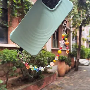 Premium Phone Chain Rainbow Mushroom House Hanging Strap, Colorful Crystal Ball Lanyard, Includes 2 Phone Stickers, Perfect Gift