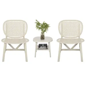 3-Piece Retro Patio Table Chair Set - Hollow Design All-Weather Bistro Set with Shelf & Wide Seats - Ideal for Balcony, Garden, Yard in Aesthetic White