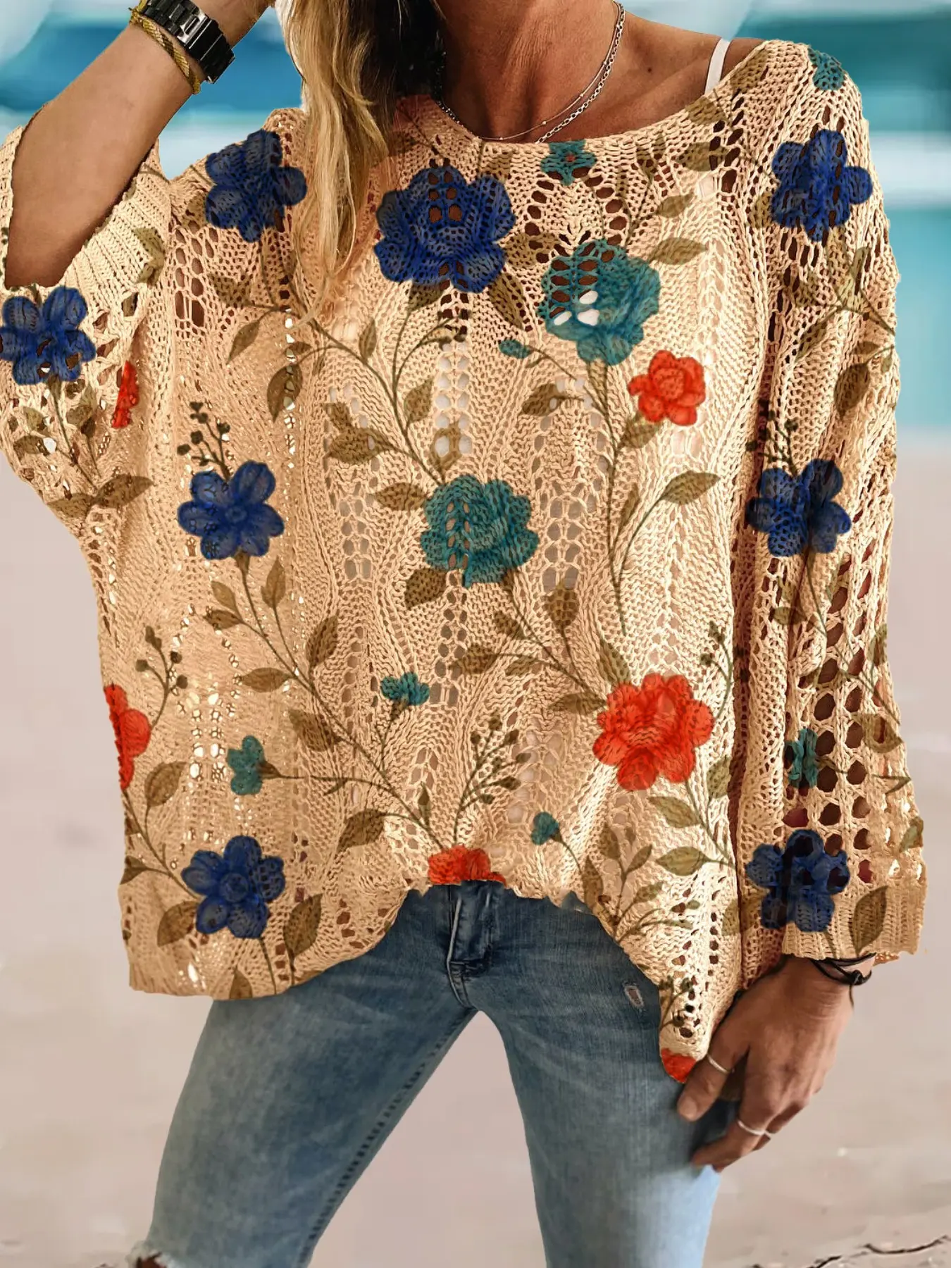 Women's Spring Summer Knit Top Blouse, Butterfly Hollow Out Design, Loose Fit Three Quarter Sleeves, Boho Style, Bohemian, Casual & Elegant, Womenswear