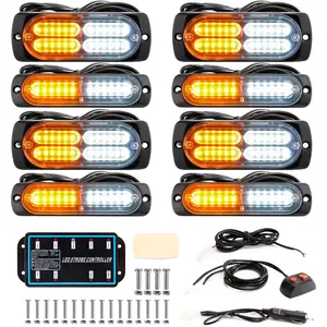 8-pcs Sync Feature LED Emergency Strobe Lights Ultra Slim Grille Surface Mount Flashing Warning Hazard Light Bar w/Controller for Construction, Firefighter, Trucks, Vehicles, Car (Amber/White)