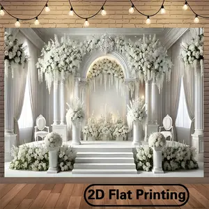 1pc Wedding Banner Elegant White Floral Arch Design Polyester for Wedding Holiday Celebration Home Garden Event