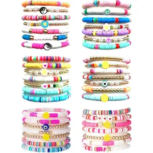 42 Heishi Surfer Bracelets Set for Women Colorful Preppy Heart Star Evil Eye Clay Beaded Stretch Bracelet Stackable Bohemian Elastic Layering Bracelet Cute Jewelry