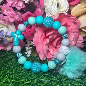 Mint to be blessed wristlet keychain  color scheme mint green, turquoise, gray and bling beads made with wire