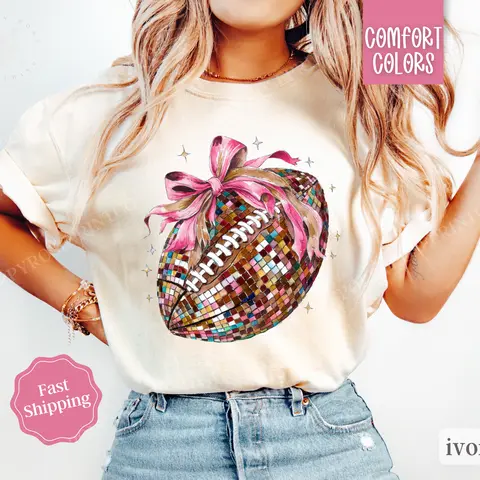Disco Football Bow Shirt Comfort Colors, Womens Football Tee, Womenswear Oversized Crewneck, Coquette Clothing