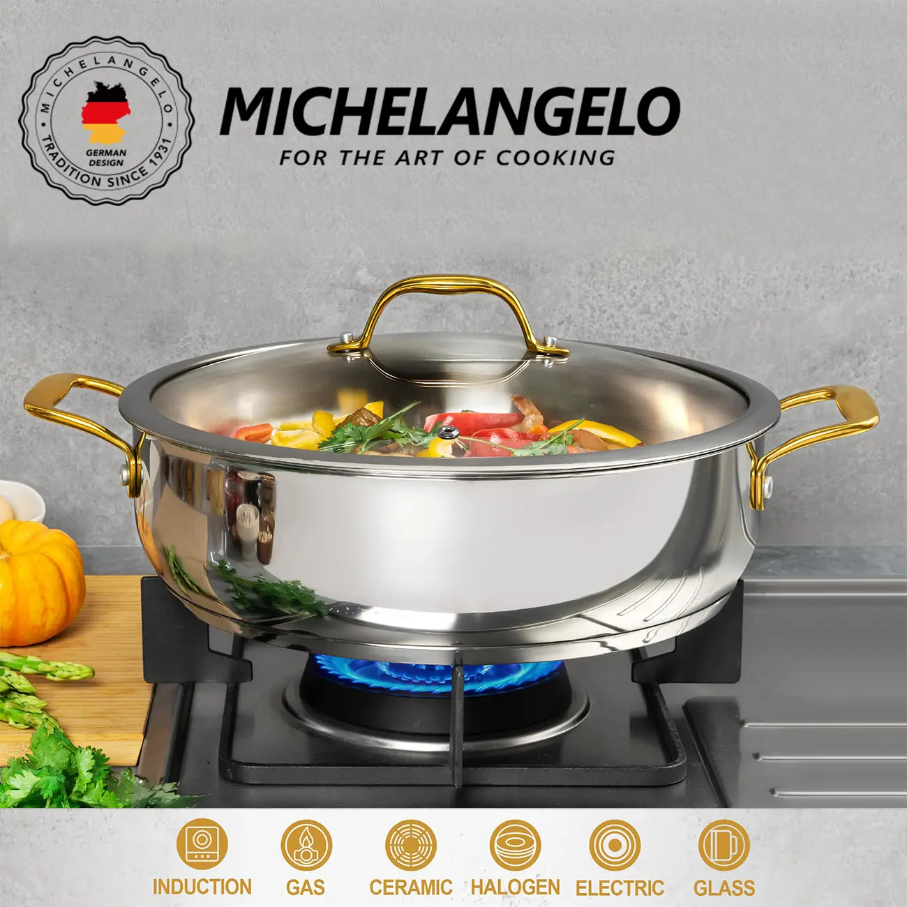 MICHELANGELO 12-Inch Stainless Steel Saute Pan with Lid, 7 Qt Deep Frying Cookware, Dishwasher-Safe, Oven-Safe