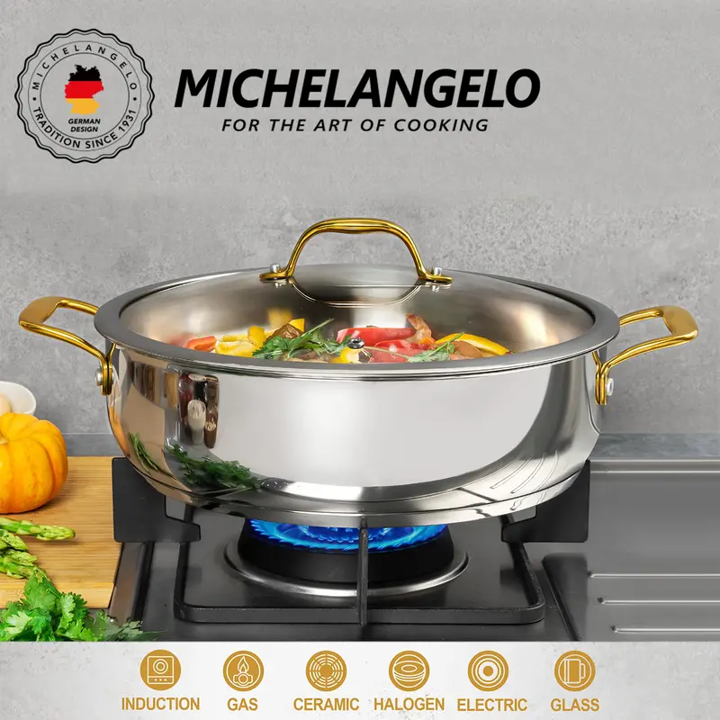 MICHELANGELO 12-Inch Stainless Steel Saute Pan with Lid, 7 Qt Deep Frying Cookware, Dishwasher-Safe, Oven-Safe
