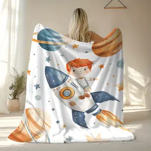 Soft & Warm Planet Print Knitted Polyester Flannel Blanket - Multi-Size, Contemporary Style, Space Themed Bedroom Decor, Ideal for Home, Camping, All-Season Use, Mixed Colors