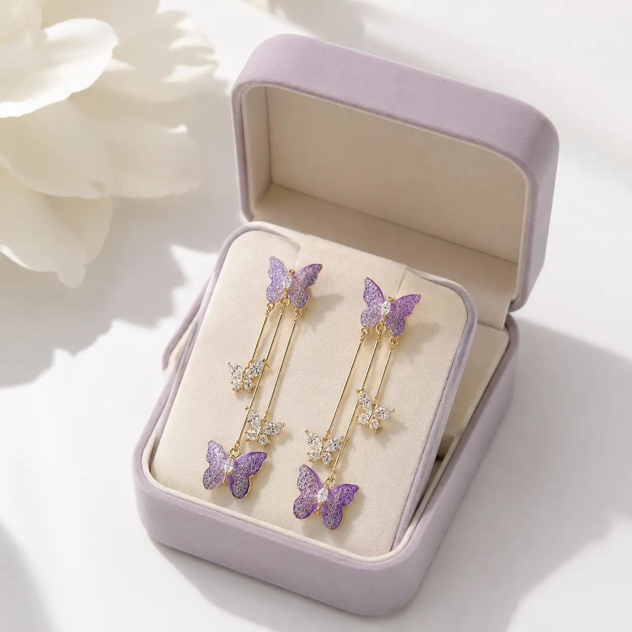 Purple Butterfly Tassel Earrings for Women, Gold-Tone Fairy-core Jewelry with Sparkling Rhinestones & Bling Effect, Affordable Fashion for Resort Wear, Butterfly Design, Lightweight Earrings, Alloy & Stone, Fashionable Jewelry