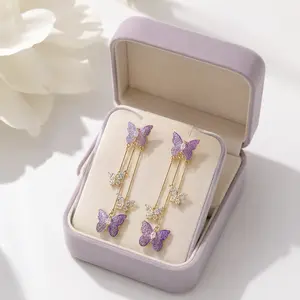 Purple Butterfly Dangle Earrings for Women, Sparkly Rhinestone Drop Earrings, Elegant Fairy Style Statement Jewelry Gift for Her