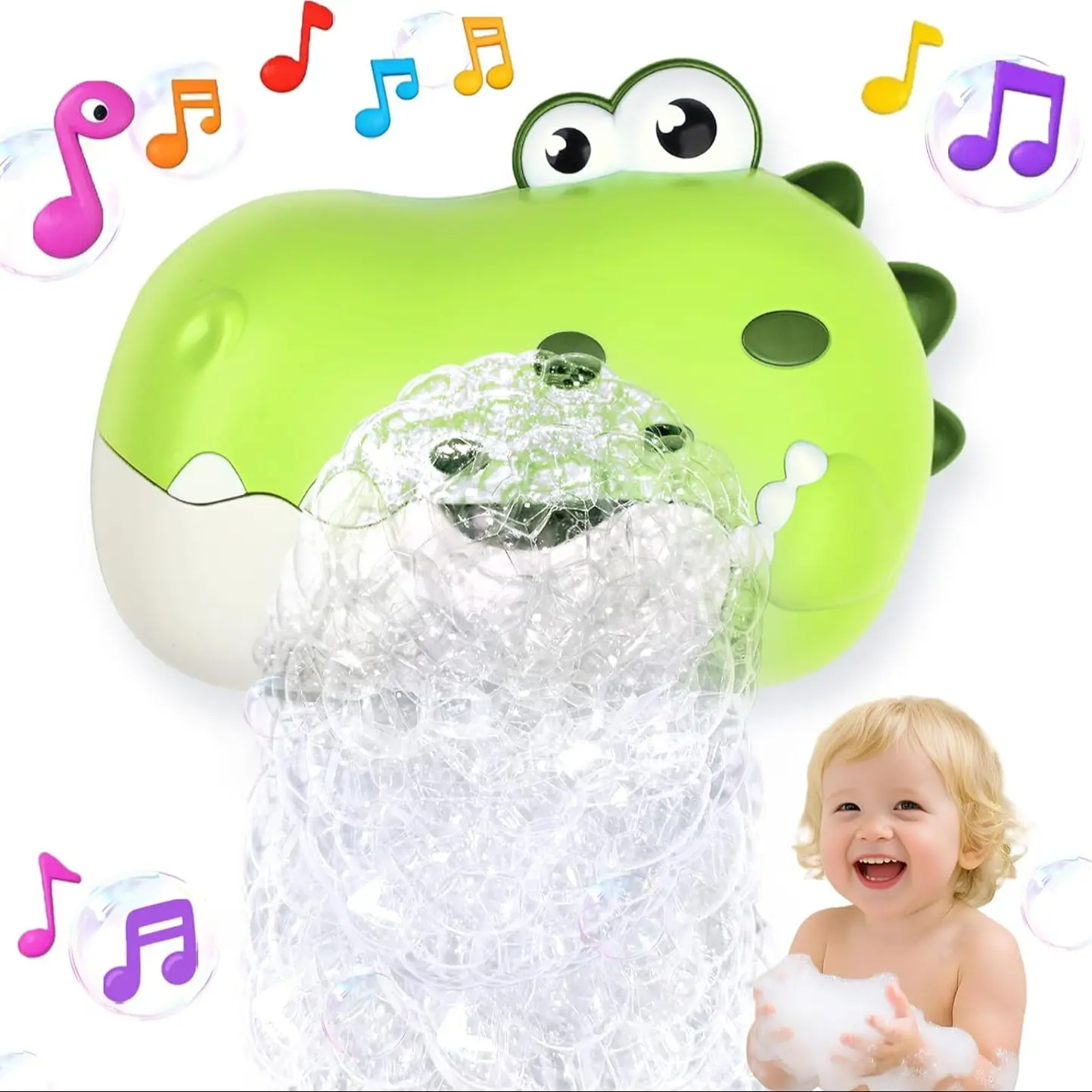 Baby Bath Toys, Rechargeable Dinosaur Bath Bubble Machine with Music, Bathtime Bathtub Toys for Toddlers Birthday Gift, Bath Dino Bubble Maker Toys for Kids Ages 1-3 4-8 (Green)