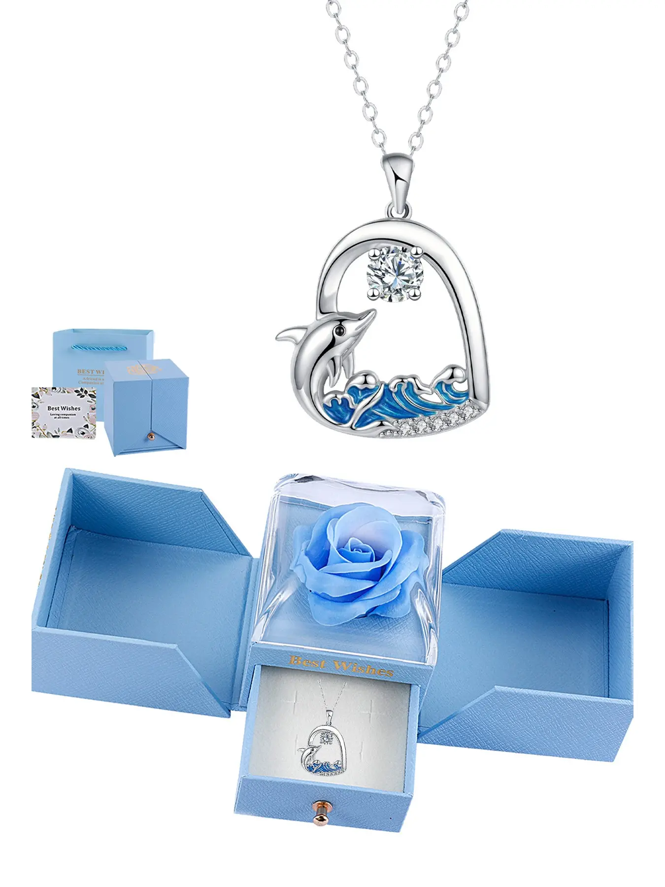 Healing Dolphin Wave Heart Necklace, Ocean Guardian Pendant, Eternal Flower Blue Rose Gift Box, Birthday Present for Wife, Girlfriend, Friend, Jewelry Gifts