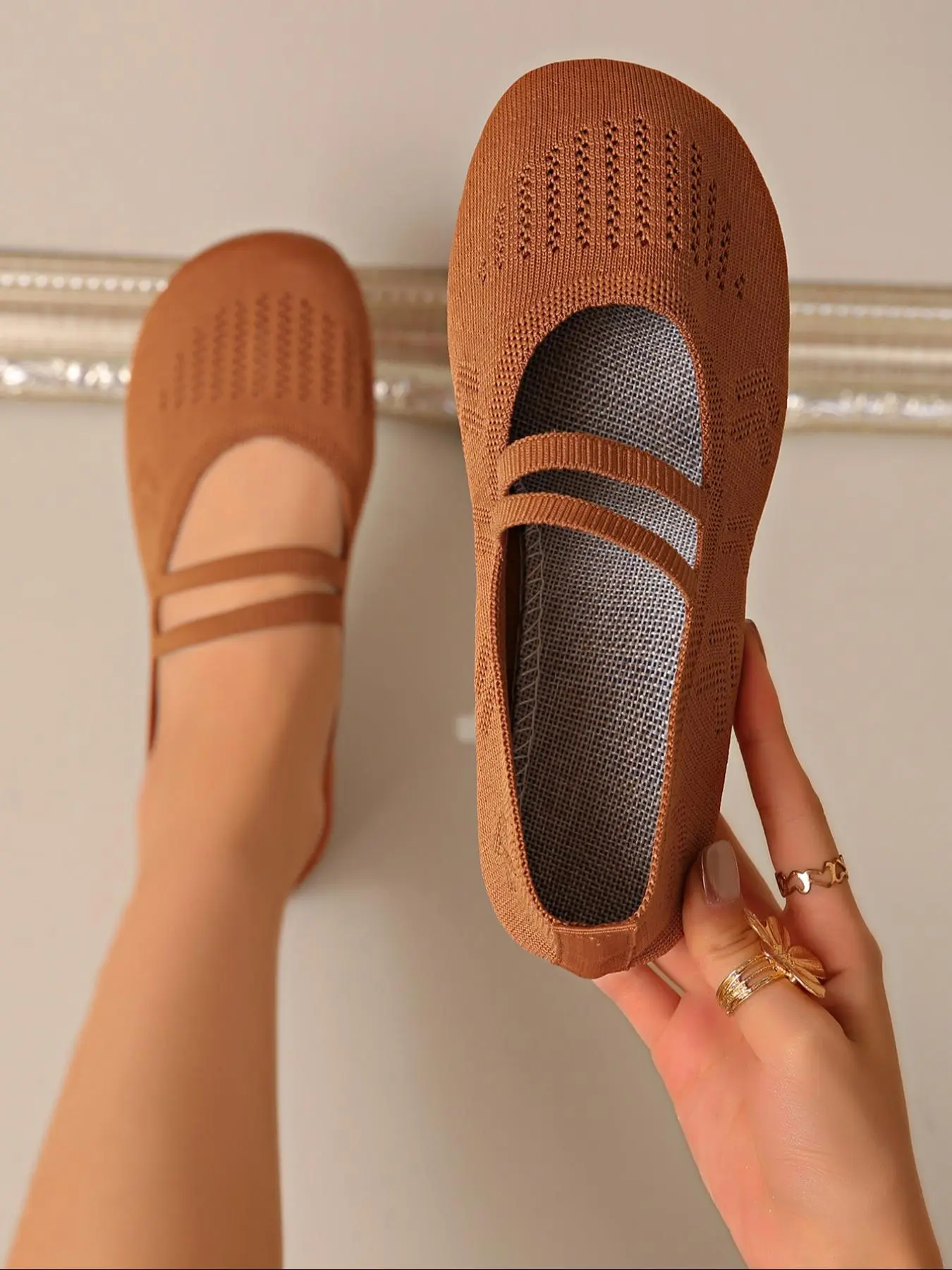 Women's Elastic Knit Slippers, Flat Slippers, Round Toe Breathable Non-Slip Soft Comfort One-Step Slip On Style Shoes, Large Size Solid Color Casual Footwear, Breathable Summer Footwear, Soft Sole