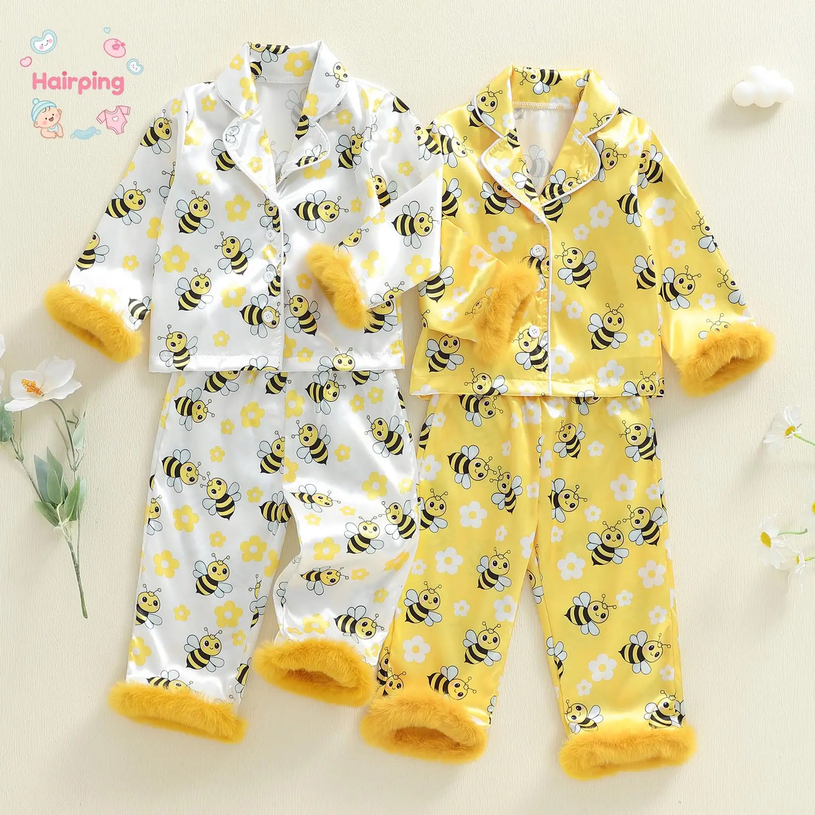 Baby Toddler Bee Print Satin Pajama Set, Long Sleeve Flannel Cuff Sleepwear for Boys Girls, Soft Cartoon Animal Nightwear with 2 Color Options