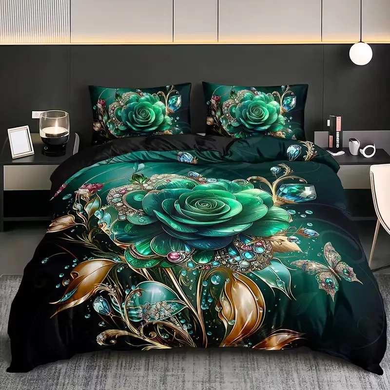 Luxury Vintage Gemstone Bedding Set, High-Definition Floral Print, 2/3pcs Rose Flower Quilt Cover & Pillowcases, Decorative Bedsheet Sets, Pattern Bedding Set, Bedroom Bedding Set