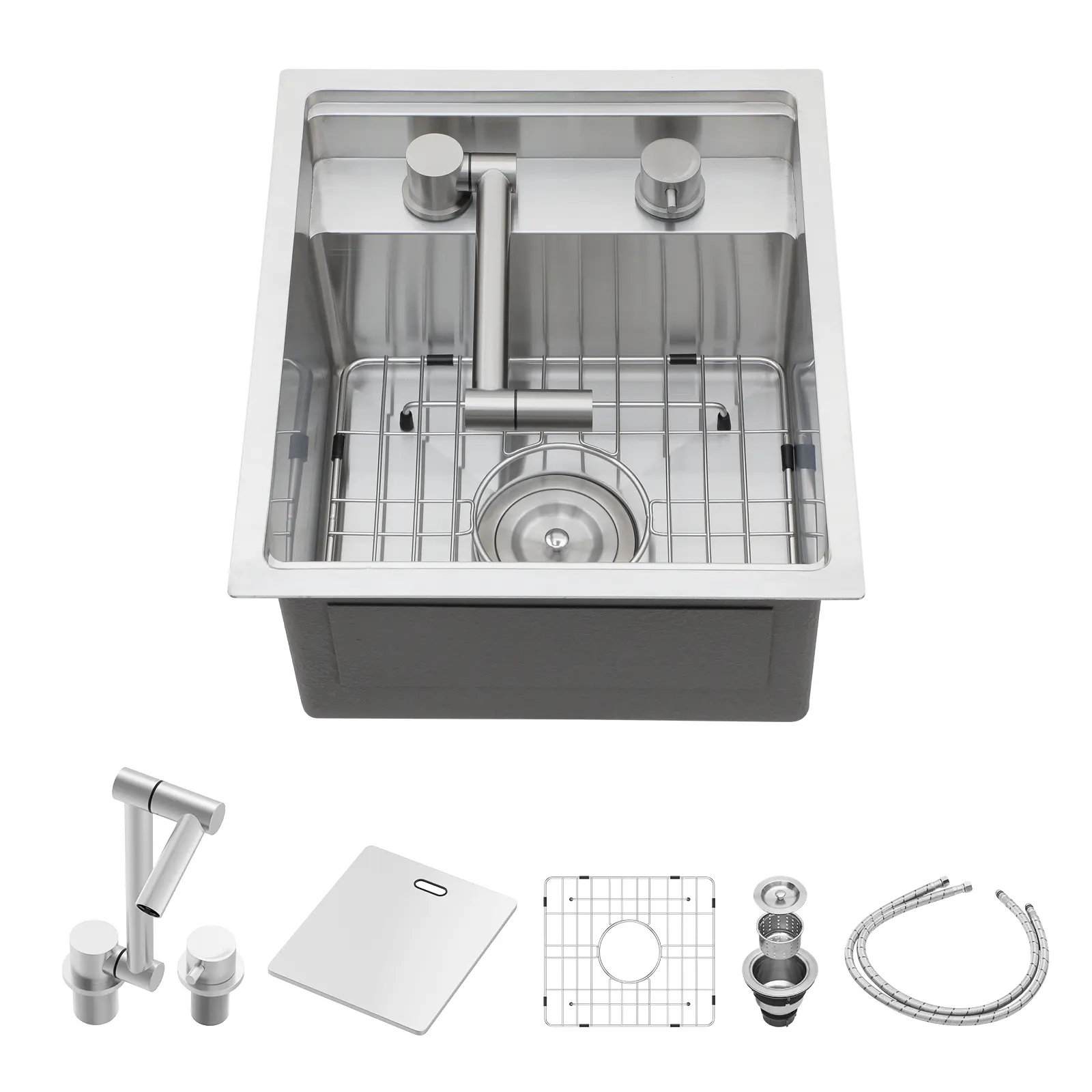 Sarlai 15 x 17 Inch Undermount Bar Sink Single Bowl Foldable Faucet Undermount Prep SInk Rv Sink 16 Gauge Stainless Steel Bar Sink with Cover