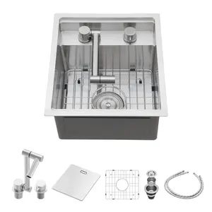 Sarlai 15 x 17 Inch Undermount Bar Sink Single Bowl Foldable Faucet Undermount Prep SInk Rv Sink 16 Gauge Stainless Steel Bar Sink with Cover