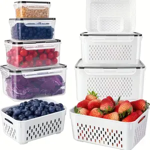 Food Storage Box with Lid, 6 Counts/set Including 3 Reusable Fruit & Vegetable Storage Container & 3 Drainers, Stackable Food Storage Box for, Home Kitchen Outdoor Picnic, Utensils, Stackable Fridge Organizer