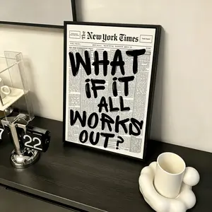 Retro Black And White Newspaper Poster What If It All Works Out Canvas Wall Art Positive Affirming Quote Minimalist Prints Painting For Home Bedroom Dorm Wall Decor - Manifestation - Self Care - Vision Board - Daily Motivation - Desk Setup - Viral Find