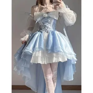 2026 New French Romantic Lolita Elegant Dress Irregular Cosplay Princess Puff Sleeve Bowknot Flower Mesh Fantastic Fairy Dresses
