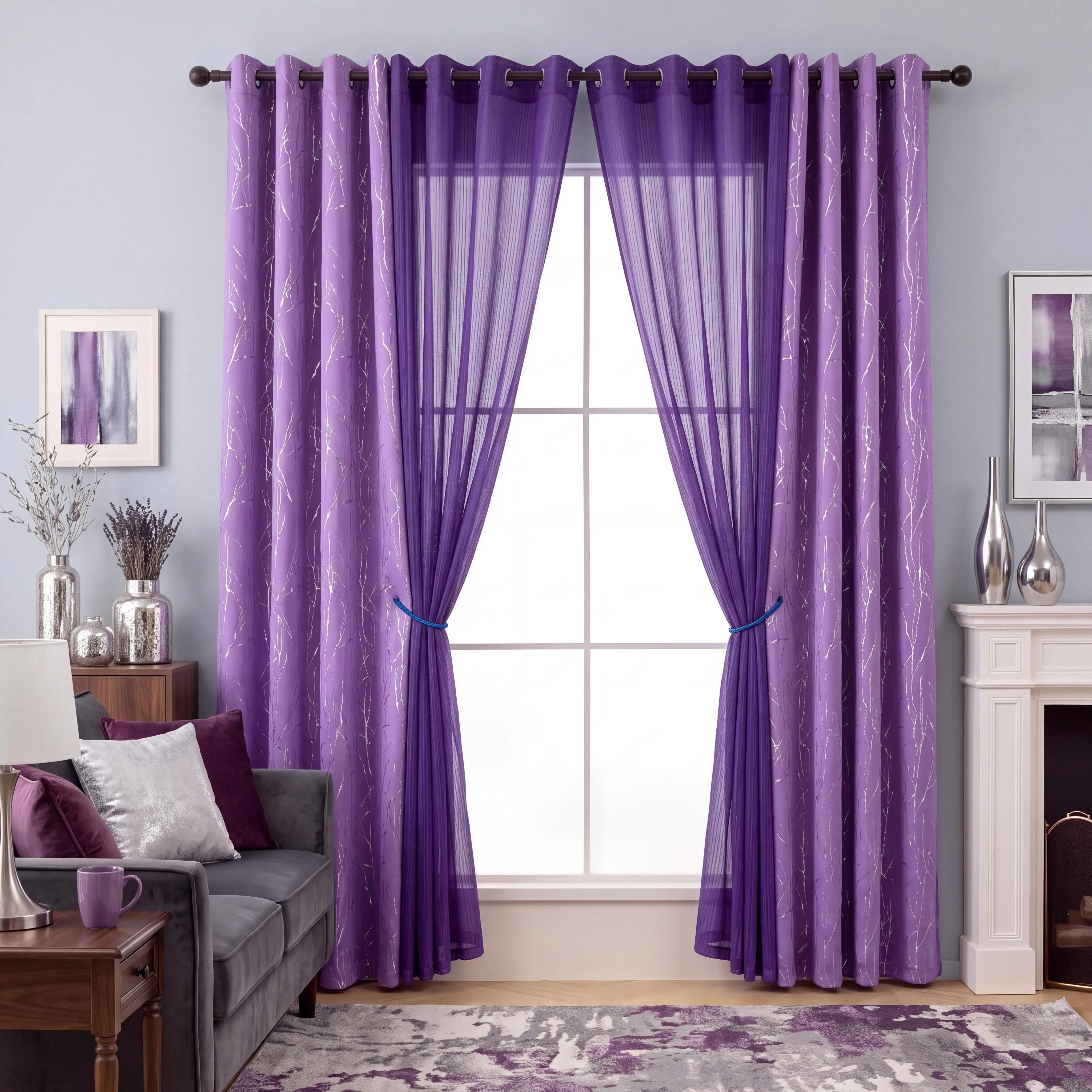 4-Panel Set 52"W Grommet Blackout & Sheer Curtain Combo, 2 3D Silver Foil Tree Branch Blackout + 2 Slub Textured Semi-Sheer Panels, Light Blocking & Filtering Privacy Drapes for Living Room Bedroom,Multiple Sizes,QF900 L12, Black Friday Holiday Home Deals