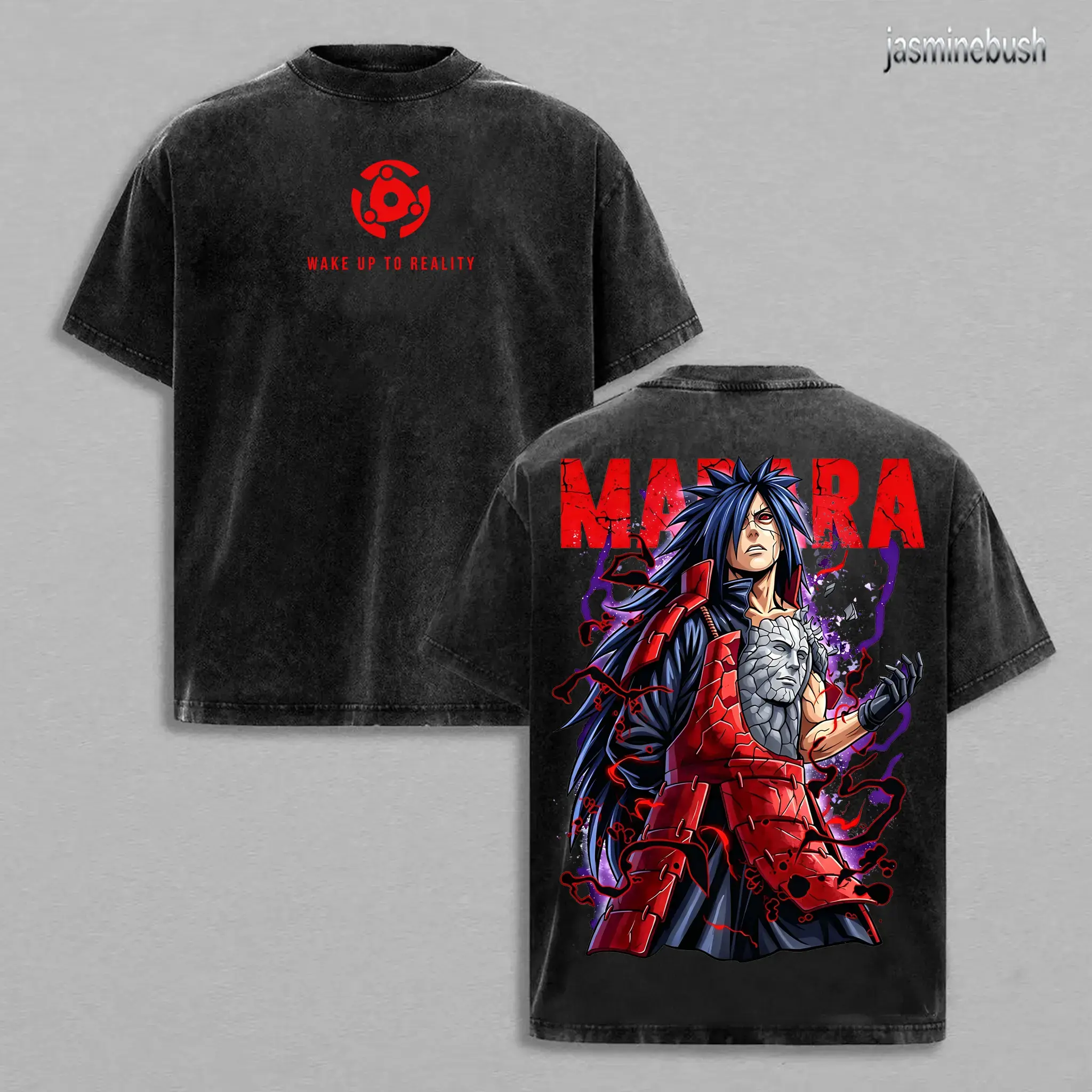 Men's Madara Uchiha "Wake Up To Reality" Vintage Washed Aesthetic Short-Sleeve Graphic Tee, Sharingan-Rinnegan Oversized Ghost Naruto Streetwear Tops, Menswear Apparel