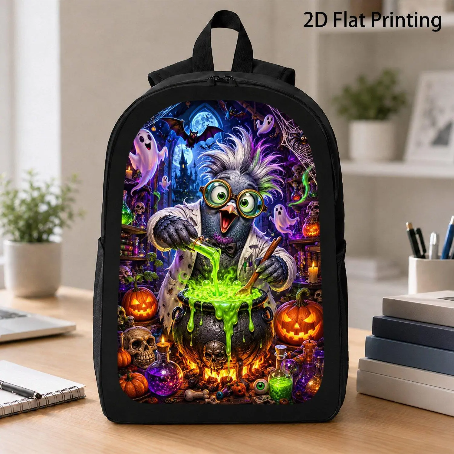 [17 Inch Backpack] 1pc Mad Scientist Pigeon Mixing Magic Potion Halloween Spooky Ghost Pumpkin Print Backpack Hot Selling Holiday Backpack For School Camping