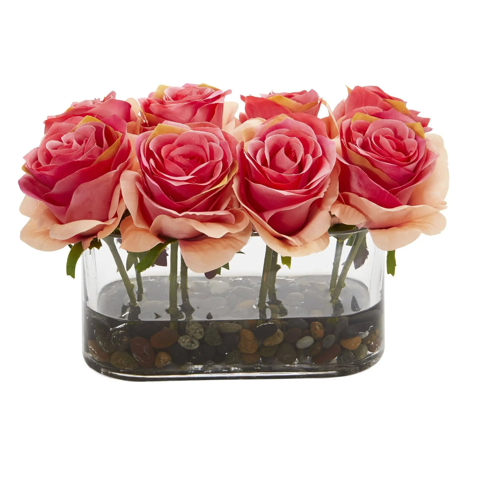 Decorative Artificial Roses Bouquet - 5.5in Blooming Flowers in Glass Vase Arrangement, Home Decor for Table, Room