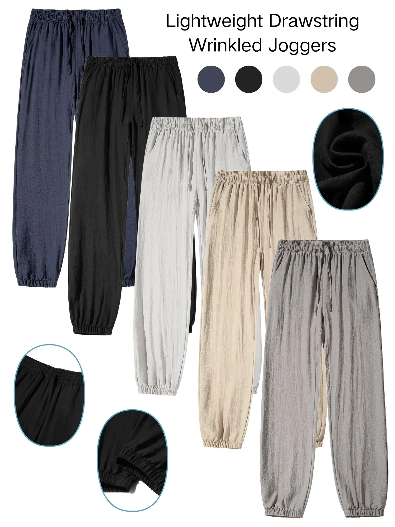 Five color options, drawstring elastic waistband, textured ruched cuffed pants. Lightweight, breathable, loose fit—ideal for spring/summer commuting and casual wear; long cuffed pants.