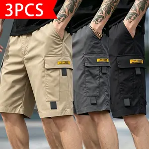 3-pack men’s cargo casual shorts featuring a multi-pocket design with label accents; comfortable, wear-resistant fabric that combines practicality with street-style flair, suitable for outdoor activities, everyday commuting, and casual outfits.