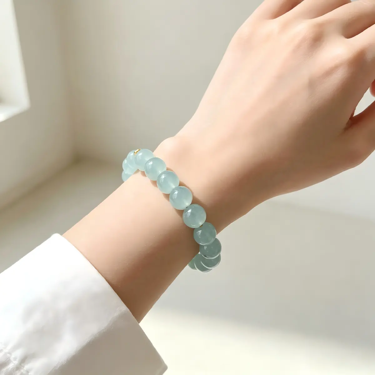 Ins Hot Style Light Blue Smooth Glass Bead Bracelet, Artificial Beaded Wrist Bracelet Aesthetic Gift For Men Women Girls Boys