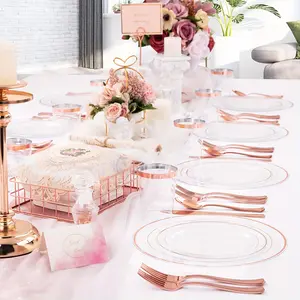 350 Pieces Rose Gold Dinner Plates, Rose Gold Tableware Suit Includes: 50 One 10.25-Inch Dinner Plates, 50 One 7.5-Inch Dessert Plates, 50 One Rose Gold Tableware, 50 One Disposable Cups 9 Oz and 50 Napkins, for Parties and Weddings