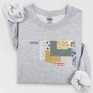 Wv State Patchwork Crewneck - Gray Long Sleeve Top with Colorful Patchwork Design