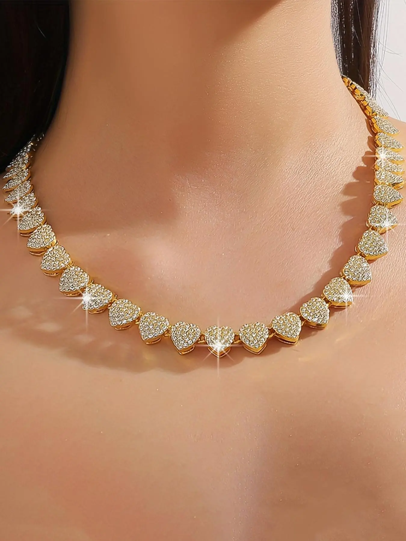 Luxury Full Rhinestone Hip Hop Cuban Link Heart Necklace for Women, Love Heart Necklace, Dazzling Date Jewelry, Trendy Jewelry, Sparkling Statement Necklace, Heart Design Necklace, Heart Style Choker, Shining Necklace