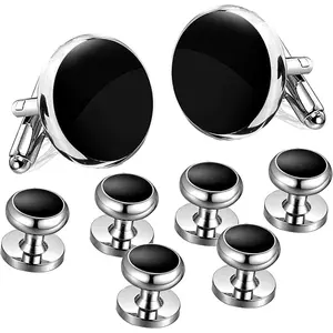 Cufflinks for Men, Tuxedo Studs and Cufflinks Set, Classic Black Gold CuffLinks Luxury Box Gift Ideas for Mens