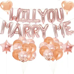 40 Piece Will You Marry Me Engagement Proposal Balloon Set, Rose Gold Letters, Stars, Heart Al Foil, Metal, Glitter Balloons, Romantic Wedding Party Gift