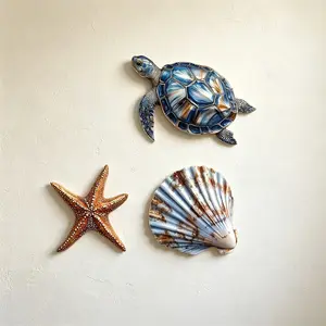 2dp Wooden Wall Decor Set, Modern Home Decor, Turtle Shell Starfish Ocean Style, Suitable for Living Room Kids Bedroom Bathroom Coastal Art