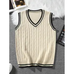 Men's Striped Print V Neck Cable Knit Sweater Vest, Regular Fit Casual Sleeveless Jumper Vest for Daily Wear, Men's Knitwear for All Seasons, Tops(Sheets)