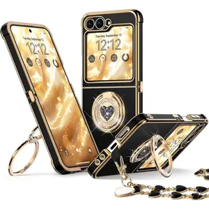 SQ-PCS043 for Samsung Galaxy Z Flip 6 case with Stand,Z Flip 5 Phone Case with Double Ring & Strap,Women Girls Cute Love-Heart Luxury Bling Protective Cover Heart for Samsung Z Flip 6/5, Black