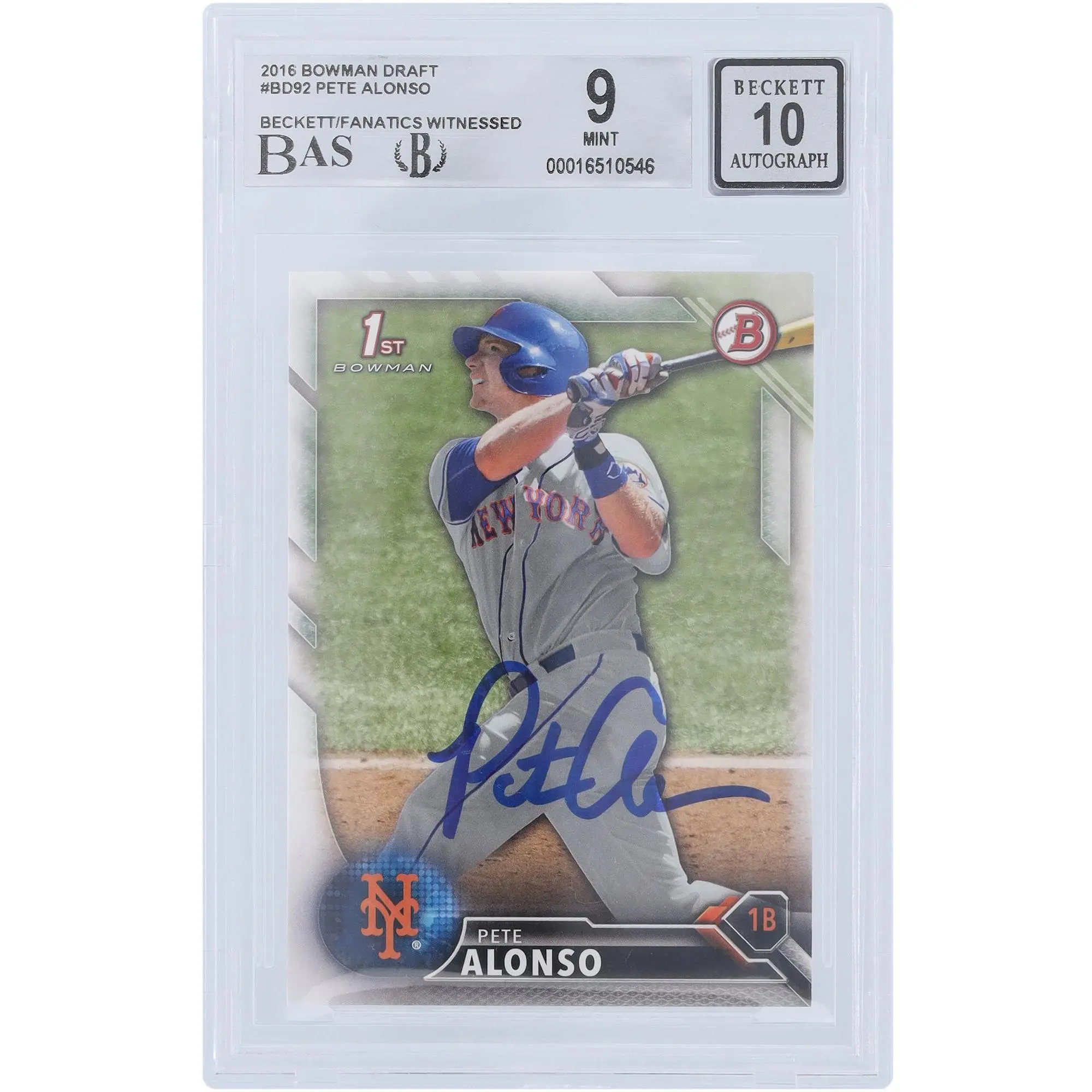 Pete Alonso New York Mets Autographed 2016 Bowman Draft 1st Bowman #BD-92 Beckett Fanatics Witnessed Authenticated 9/10 Rookie Card - Fanatics Authentic Certified