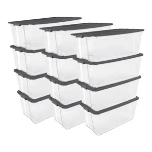 Sterilite 200 Qt Clear Stackable Latching Storage Box Container, Grey, 12 Pack