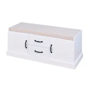 Wooden Entryway Shoe Cabinet with 2 Drawers and 2 Doors Storage Bench with White Cushion,Hallway Bench Shoe Cabinet for Living Room