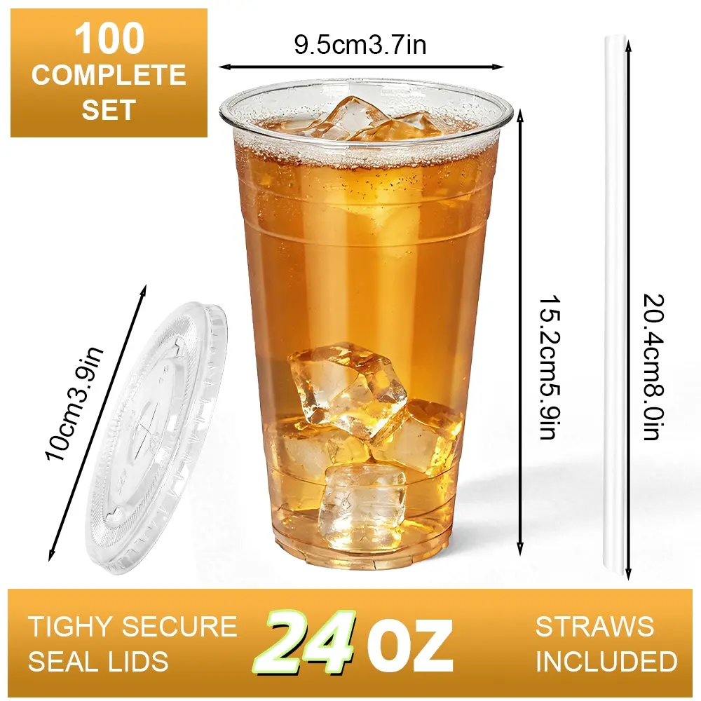 Clear Plastic Cups 50-100 Pack 16oz 20oz 24oz Summervibes,Disposable Cold Drink Cups for Party Picnic BBQ Travel Sturdy BPA-Free with Tight Secure Seal Lids & Straws Included#tiktokshopsummersale