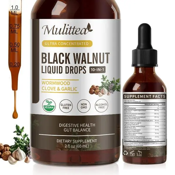 Mulittea Rapid Gut Cleanse, Digestive Health, Black Walnut Wormwood Tincture Drops with Oregano, Garlic, Berberine, 10:1 Ultra-Concentrated Liposomal Delivery, Edible Dietary Supplement