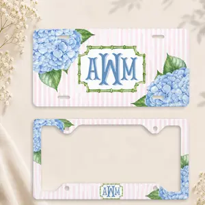 Blue Hydrangea Pink Stripe License Plate Personalized Monogram Car Tag Floral Frame Custom Vehicle Decor Gift For Her New Car Style