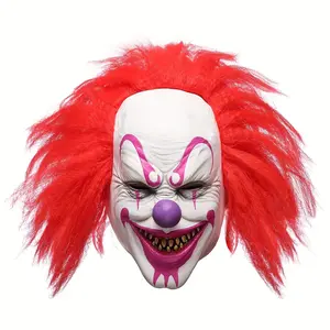 Scary Evil Clown Latex Mask with Red Hair, Horror Full-Face Costume Mask for Halloween, Cosplay & Haunted House Parties