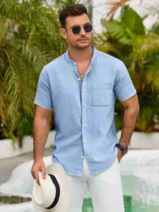 Men's Linen Blend Stand Collar Short Sleeve Button Shirt, Loose Casual Chest Pocket, Breathable Tropical Summer Top, Beach Vacation & Daily Wear
