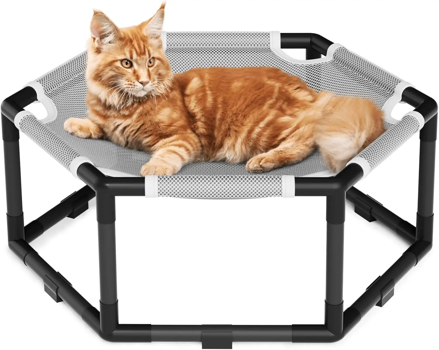 Hexagon Elevated Cat Hammock Bed - Raised Cat Swing Cot with Breathable Fabric, Anti-Slip Pads, Non-Slip Blocks, Indoor & Outdoor Use, Pet Furniture for Small to Large Kitties (24in x 18in x 12in)